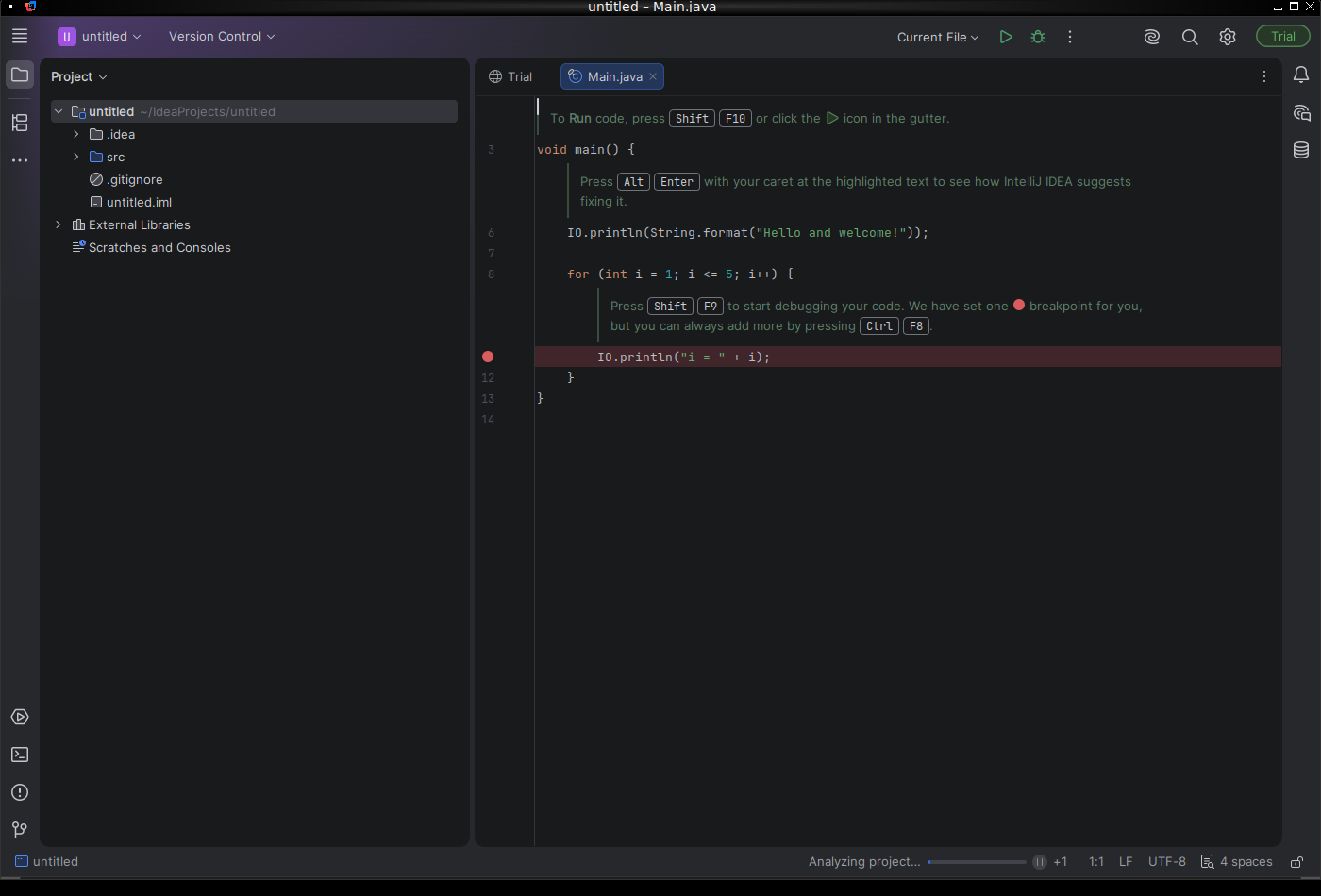 ملف src/Main.java مع الكود التجريبي ونقطة التوقف