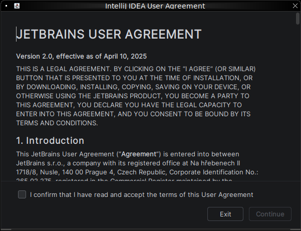 نافذة JetBrains User Agreement للموافقة على شروط الاستخدام