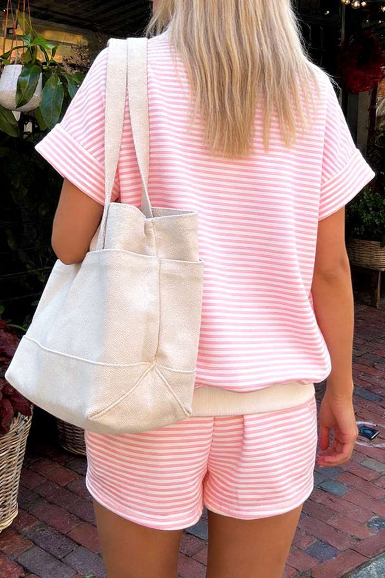 2026 Summer New Model with Pockets, European and American Style Simple Versatile Striped Color blocking casual Suit, Two-pieces Set for Women