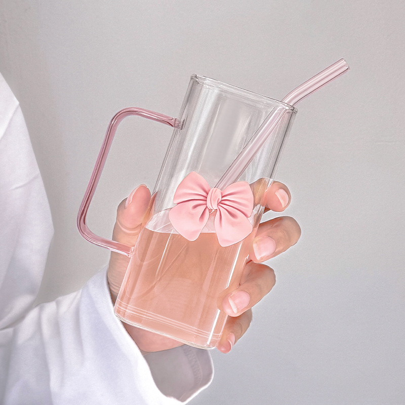 Transparent Simple Square Water Cup with Bow Handle, Glass Straw Cup, High Temperature Resistant Coffee Milk Cup, Glass Cup