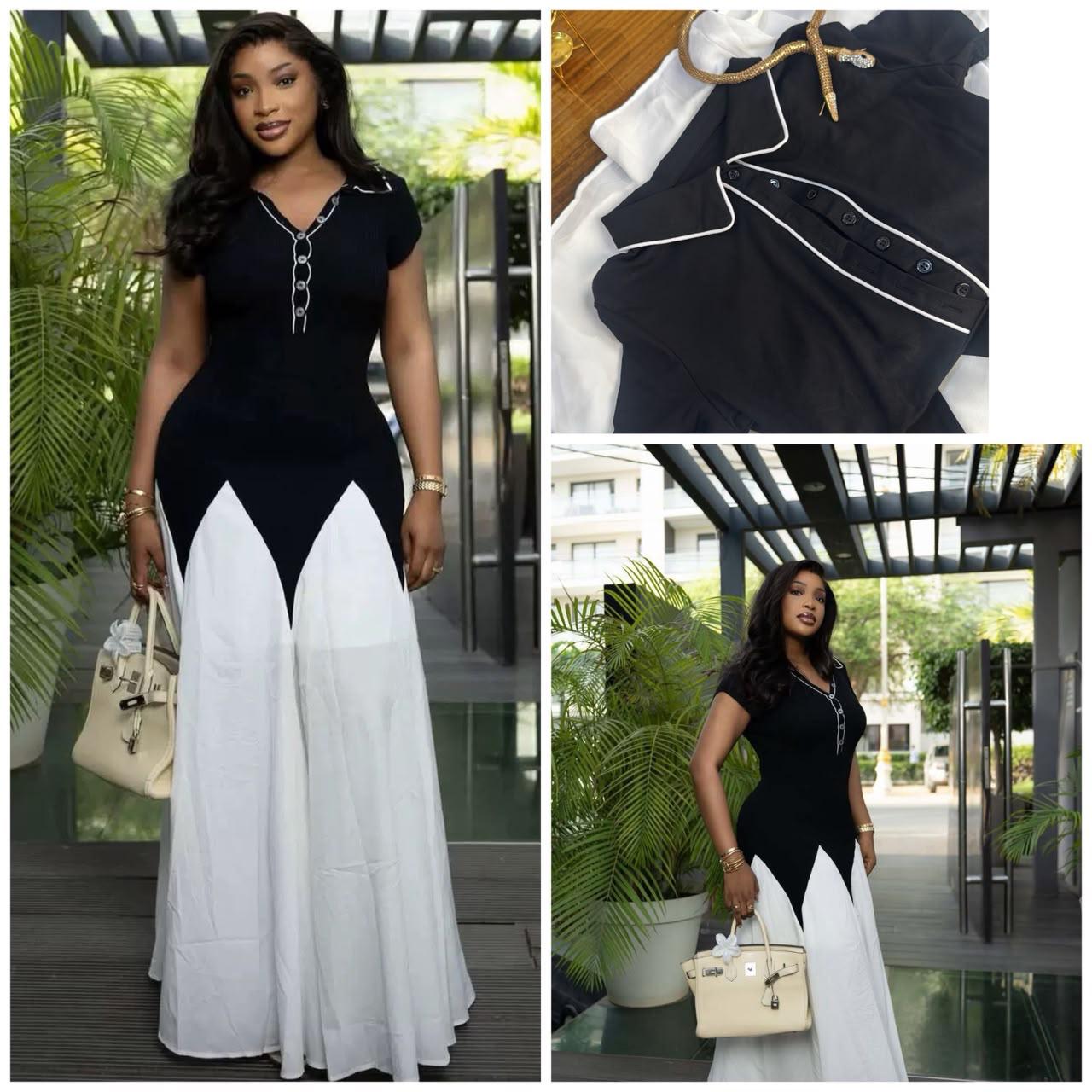 Women’s Black & White Contrast Outfit – Elegant Top and Flowing Skirt Set, Vibing Collared Maxi Dress