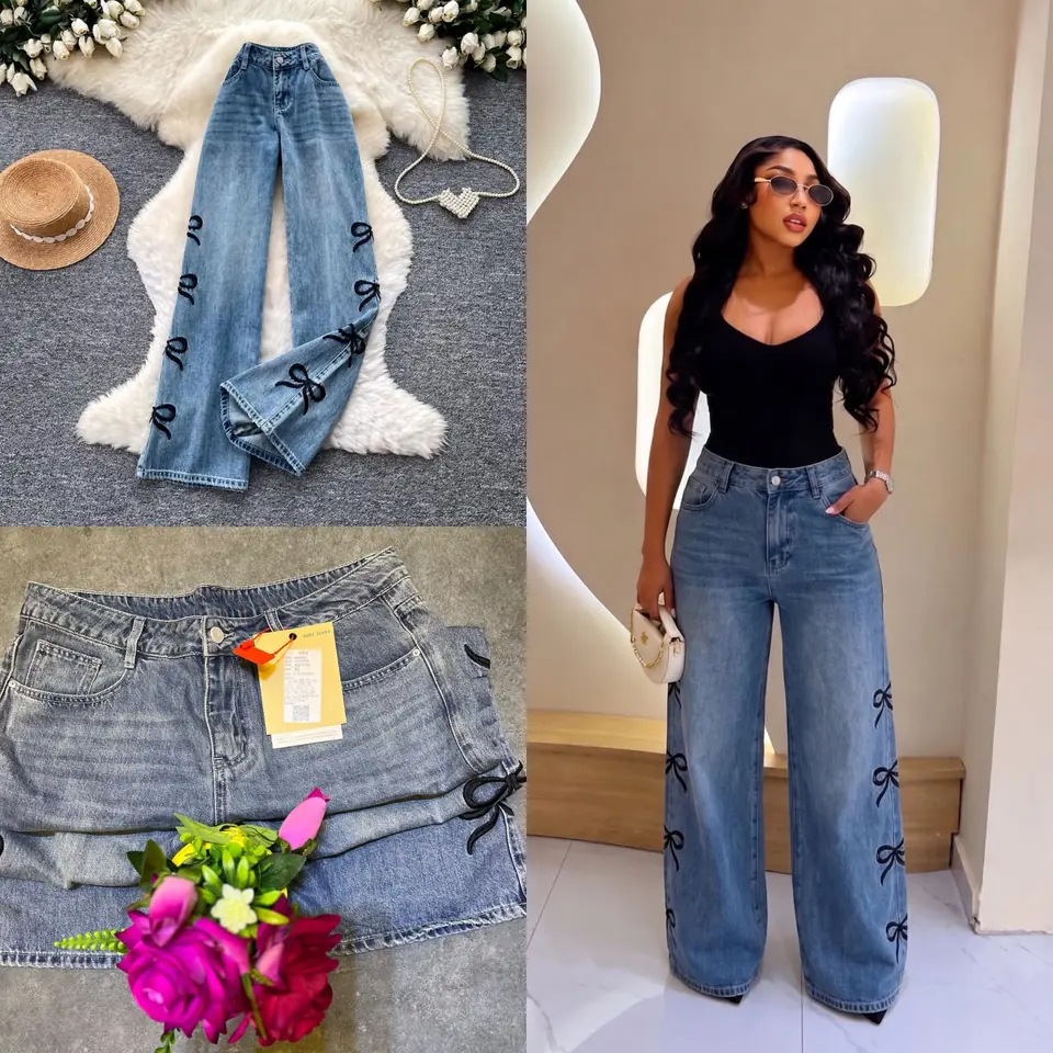 Women's Blue Bow Detail Wide-Leg Jeans - High-Waist Statement Denim Trousers