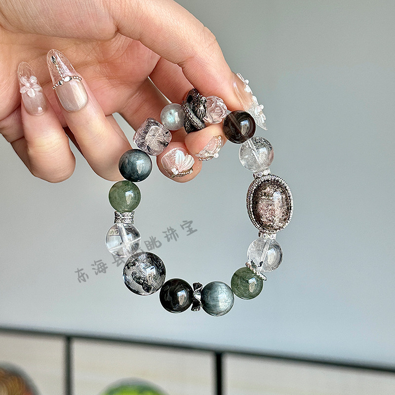 Natural Crystal Bracelet Original Design Green Ghost Magic Box Black Flash Green Hair Crystal Light Luxury Bracelet Wholesale