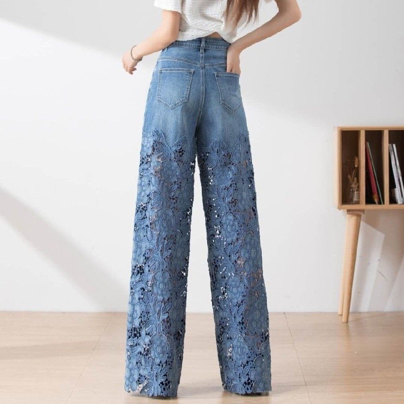 Amazon Tk European and American Cross-Border Foreign Trade Wholesale Patchwork Jeans for Women, Hollow Lace High-Waisted Straight-Leg Jeans for Women