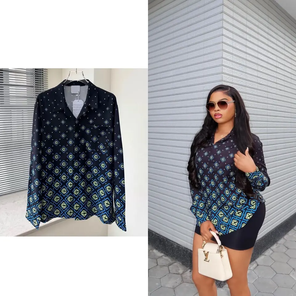 Women's Geometric Print Long Sleeve Button-Up Shirt - Patterned Statement Blouse