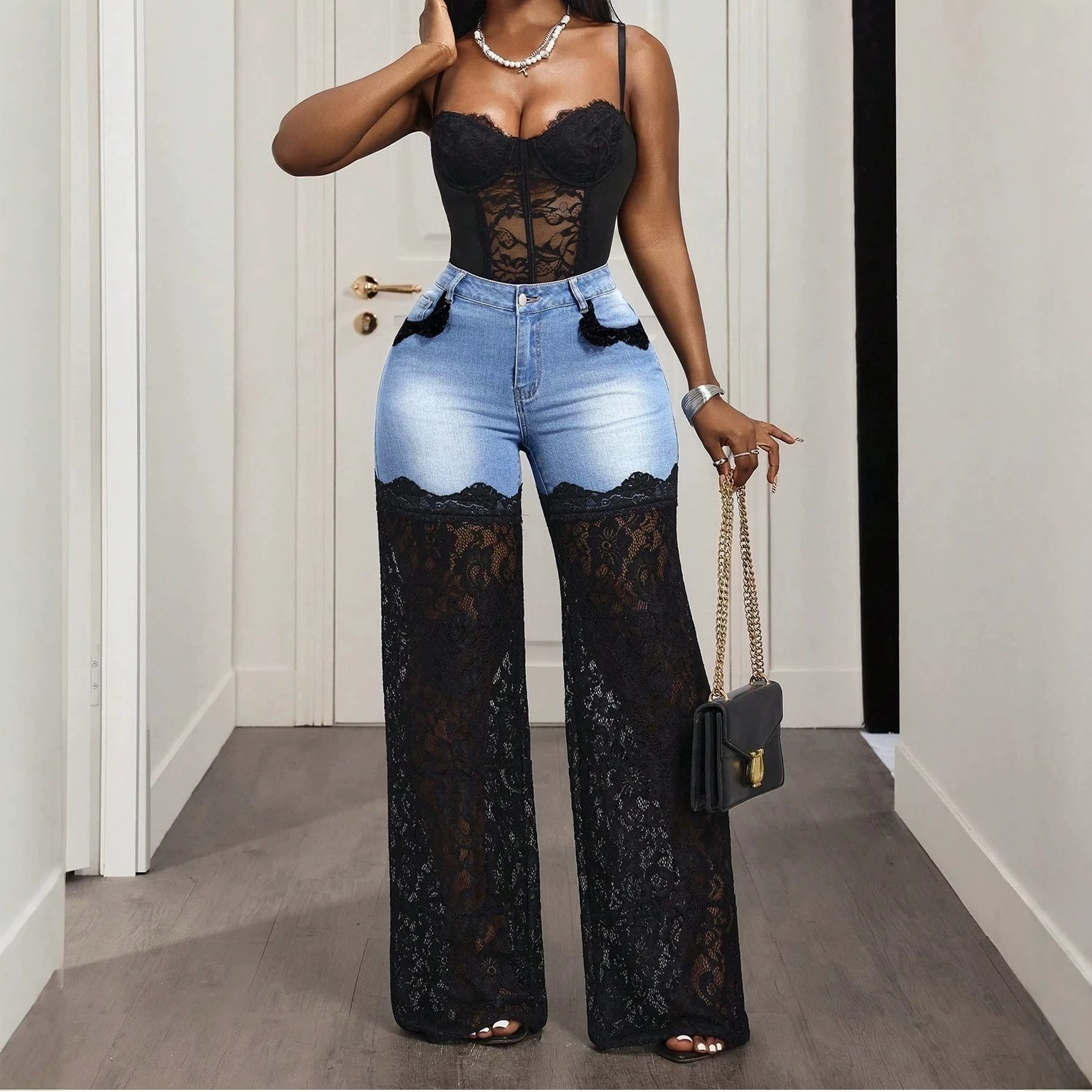 Amazon Tk European and American Cross-Border Foreign Trade Wholesale Patchwork Jeans for Women, Hollow Lace High-Waisted Straight-Leg Jeans for Women