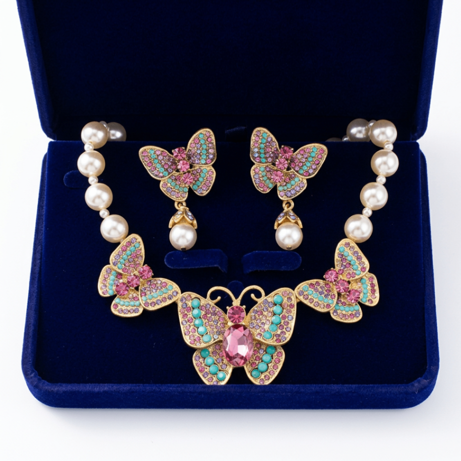 Vintage antique European antique court-style pave diamond butterfly Swarovski pearl necklace and earrings