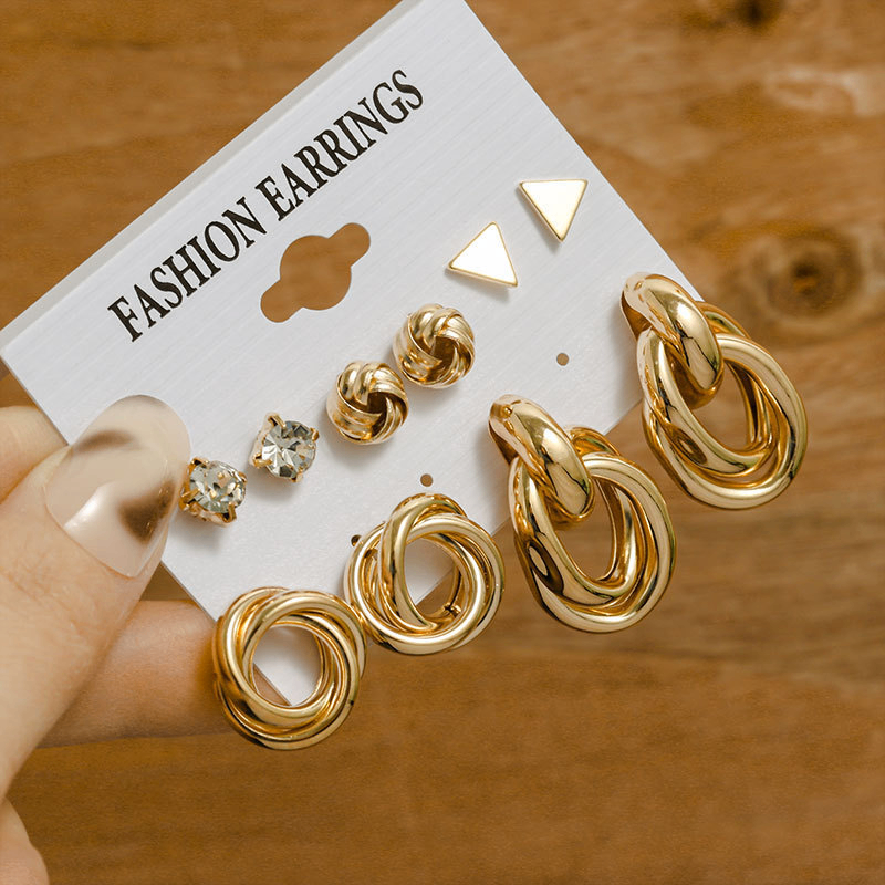 XP17 Vintage Gold Geometric Women's Earring Set, Fashion Pearl Round Hoop Earrings