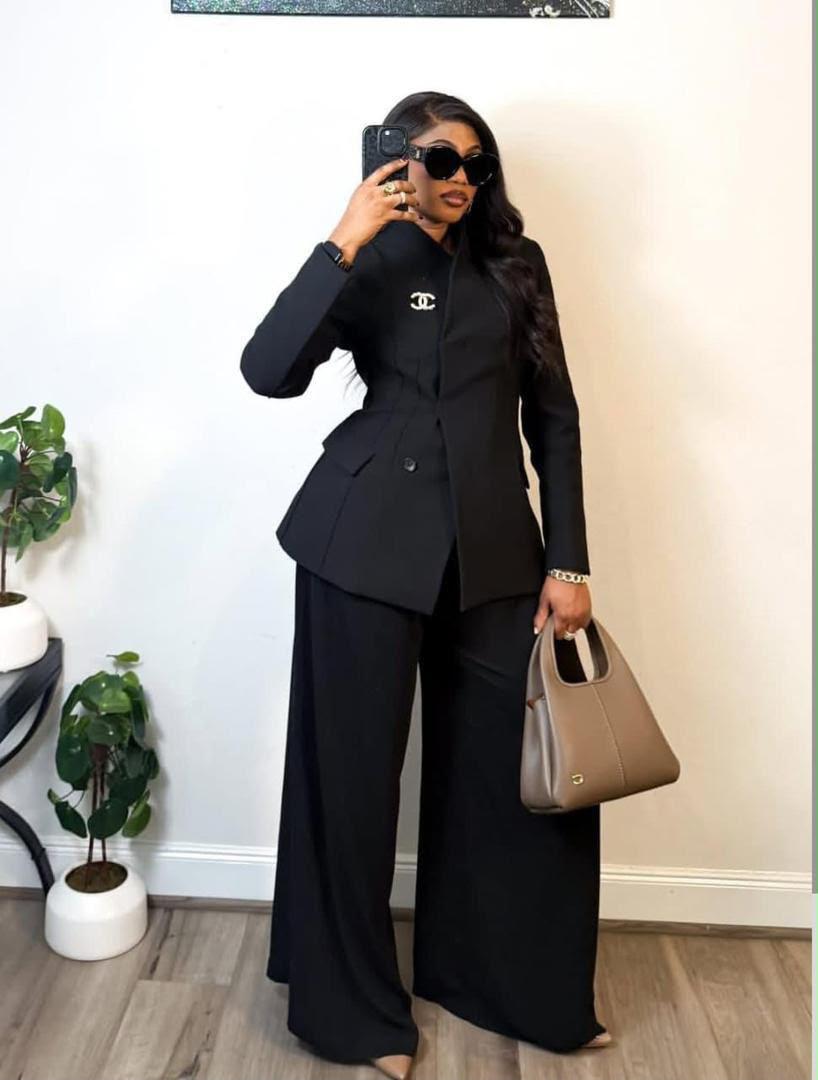 Zr Zipper Lengthy Suit Pant Set, Women’s Luxury Black Blazer Outfit – Wide‑Leg Trousers