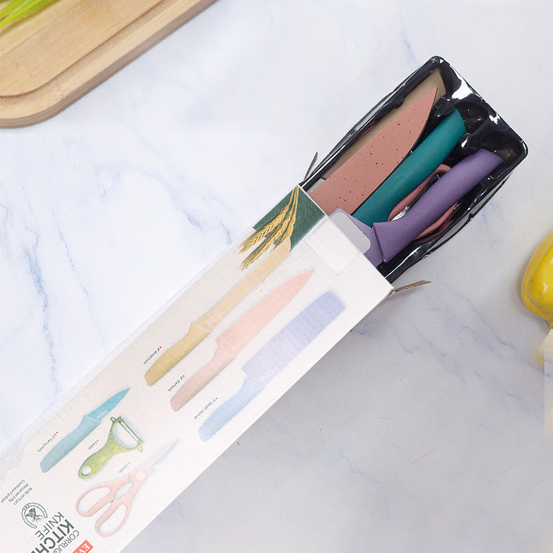 Wheat straw six-piece set macaron color kitchen knife suit stainless steel chef knife cutting board 7-piece gift knife