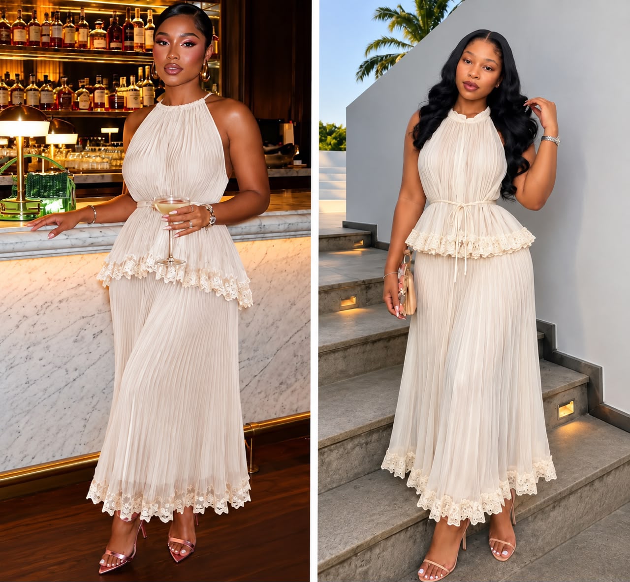 Women's Pleated Halter Maxi Dress, Lace Trim Long Evening Party Gown, Sleeveless Formal Dress