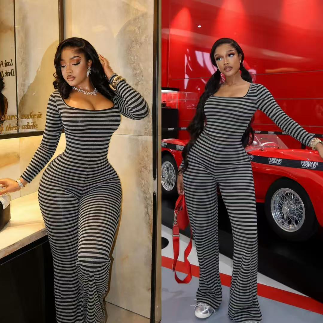 Women’s Striped Long‑Sleeve Jumpsuit – Square Neck with Flared Pants