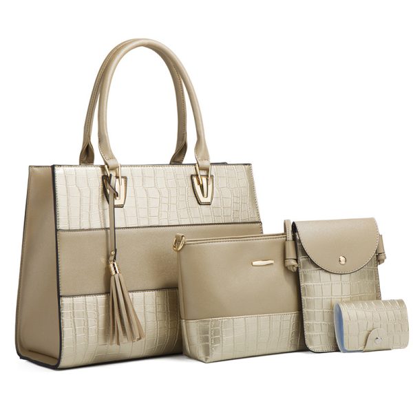 4-Piece Women’s Crocodile-Texture Handbag Set – Tote Bag, Shoulder Bag, Clutch & Card Purse
