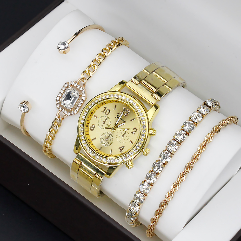 Fashion Gold Women Wrist Watch Set, Luxury Ladies Watch with 4 Decorative Bracelets Gift Box