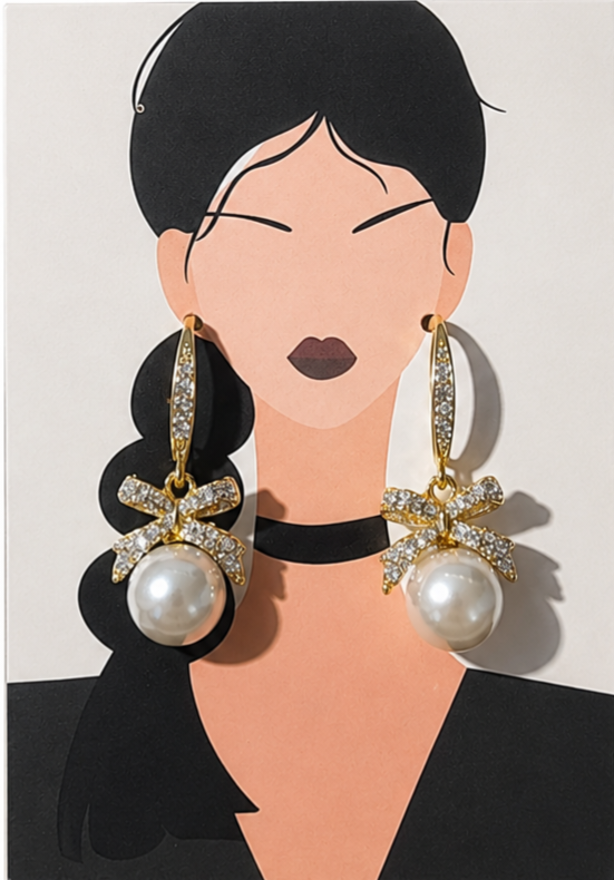Golden Pindrop Earrings With Silver Rhinestone and Dangling Pearls