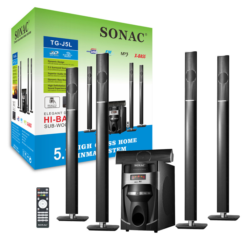 SONAC TG-J5L 5.1 Channel Home Theater Wooden Speaker System — 120W Max Power, Bluetooth, Heavy Line Subwoofer, FM Radio, LED Display, USB/TF MP3 Playback & Remote Control (220V AC)