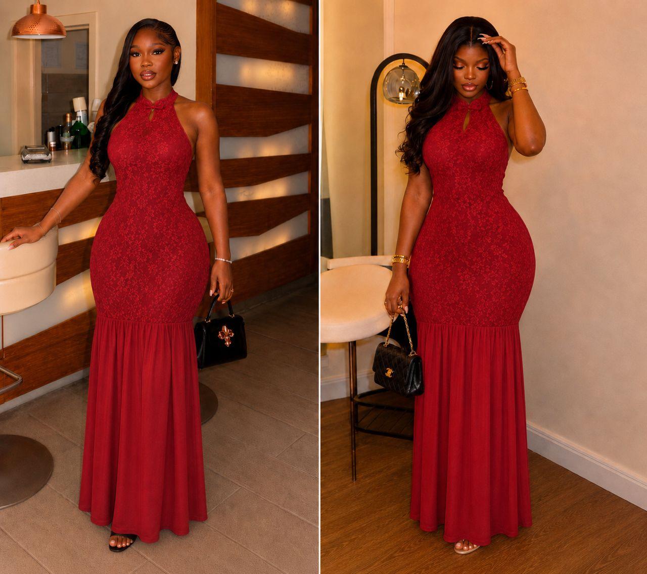 HIGH IN QUALITY GOWN Women’s Red Halter Lace Dress – Elegant Evening & Party Wear