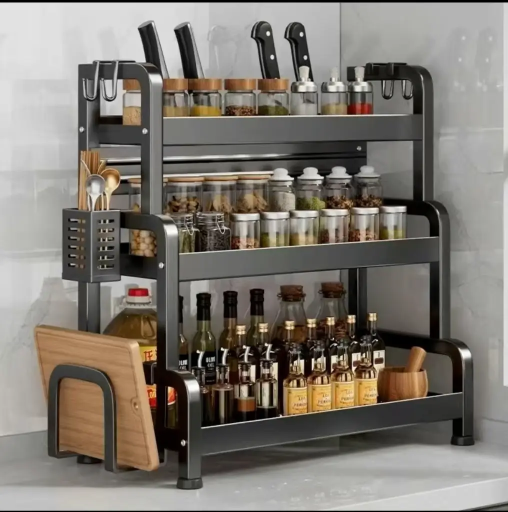 Black 3-Tier Kitchen Countertop Storage Rack, 50cm Width Floor Spice Organizer with Knife Holder Chopstick Cage & Cutting Board Area