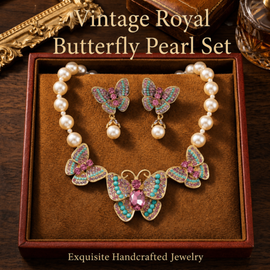 Vintage antique European antique court-style pave diamond butterfly Swarovski pearl necklace and earrings