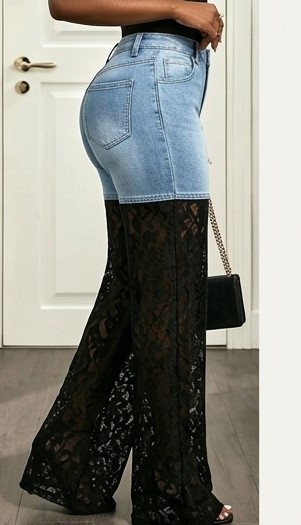 Amazon Tk European and American Cross-Border Foreign Trade Wholesale Patchwork Jeans for Women, Hollow Lace High-Waisted Straight-Leg Jeans for Women