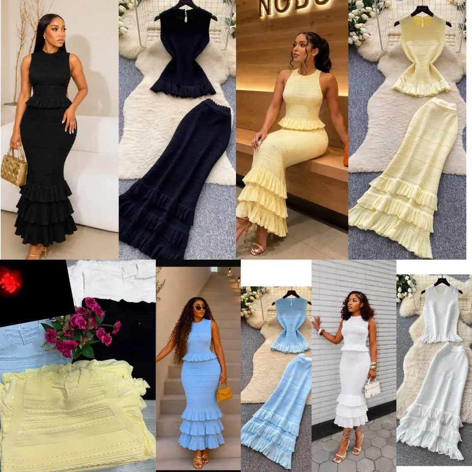 Women's Blue Knit 2-Piece Peplum Top & Ruffle Maxi Skirt Set