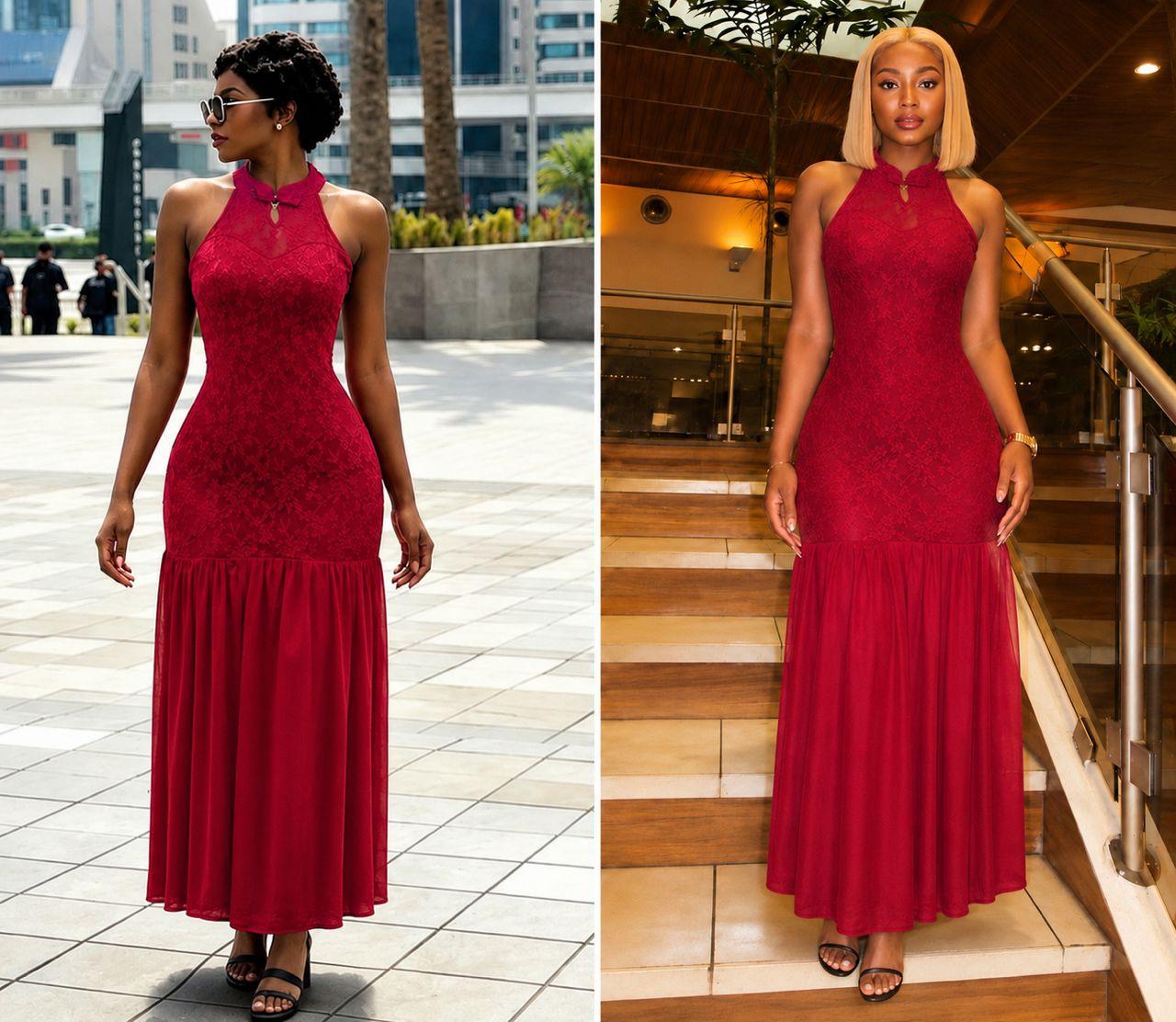 HIGH IN QUALITY GOWN Women’s Red Halter Lace Dress – Elegant Evening & Party Wear