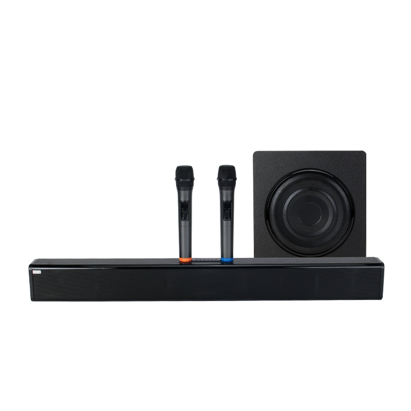 Listen to the Song N-S06M Wooden 2.1 Channel TV Soundbar with Subwoofer & Wireless Microphones — 90W Max Power, Bluetooth 5.0, Virtual Surround Sound, Karaoke Function & Remote Control (US / EU / JP / AU Plug Options)