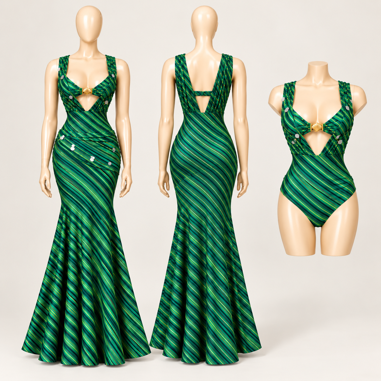 Callie 3-Piece Beach Wear Set – Women’s Striped Mesh Swimsuit, Mermaid Skirt & Cover-Up Resort Outfit