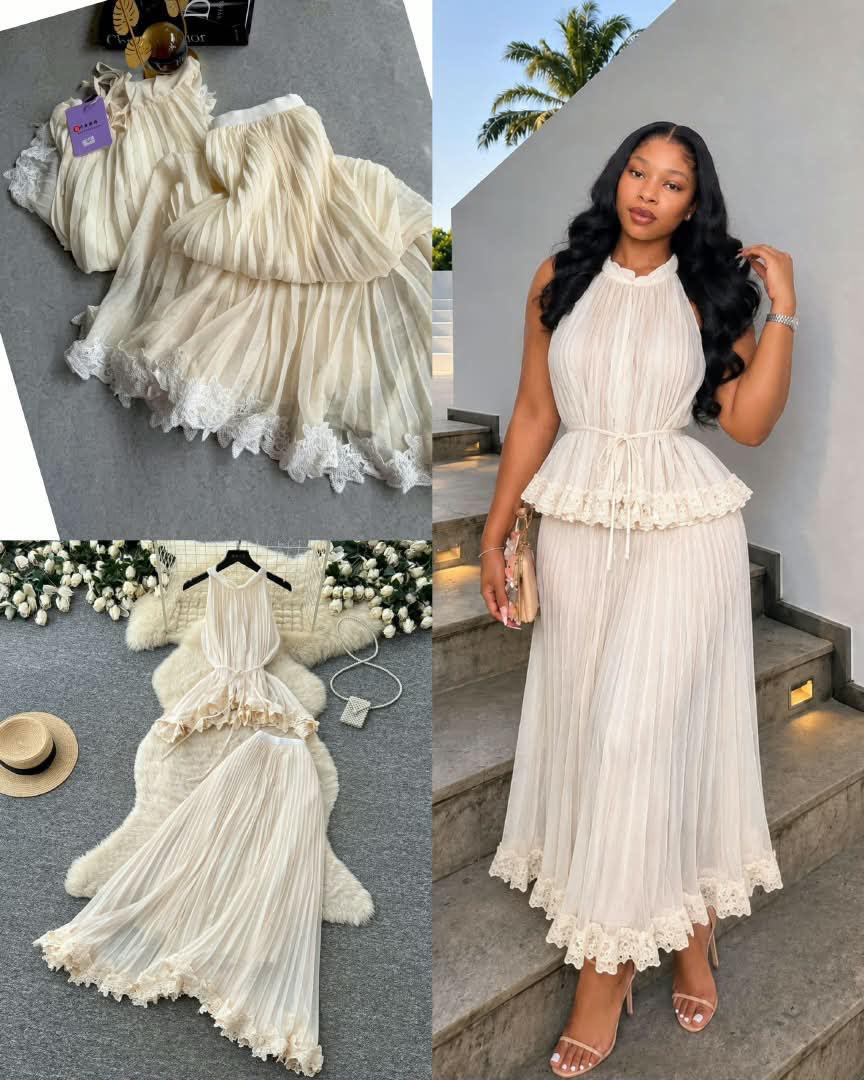 Women's Pleated Halter Maxi Dress, Lace Trim Long Evening Party Gown, Sleeveless Formal Dress
