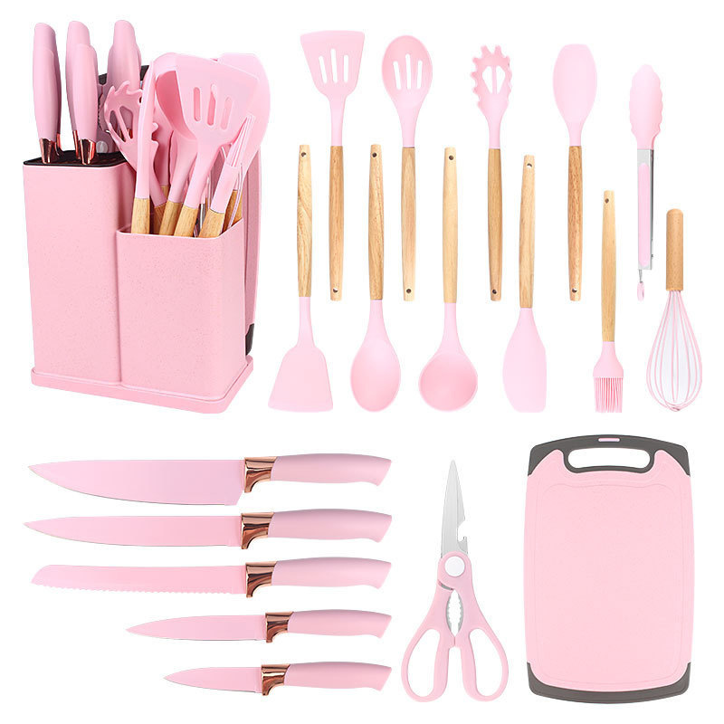 silicone kitchenware 19-piece kitchen knives suit straw wooden handle shovel spoon stainless steel knife set with storage bucket