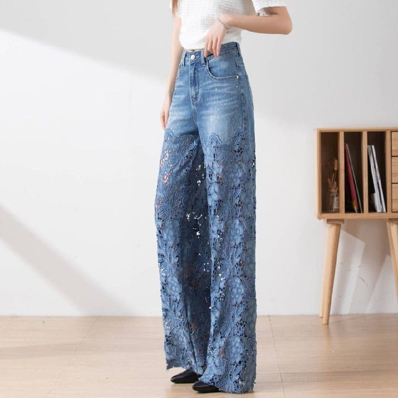 Amazon Tk European and American Cross-Border Foreign Trade Wholesale Patchwork Jeans for Women, Hollow Lace High-Waisted Straight-Leg Jeans for Women