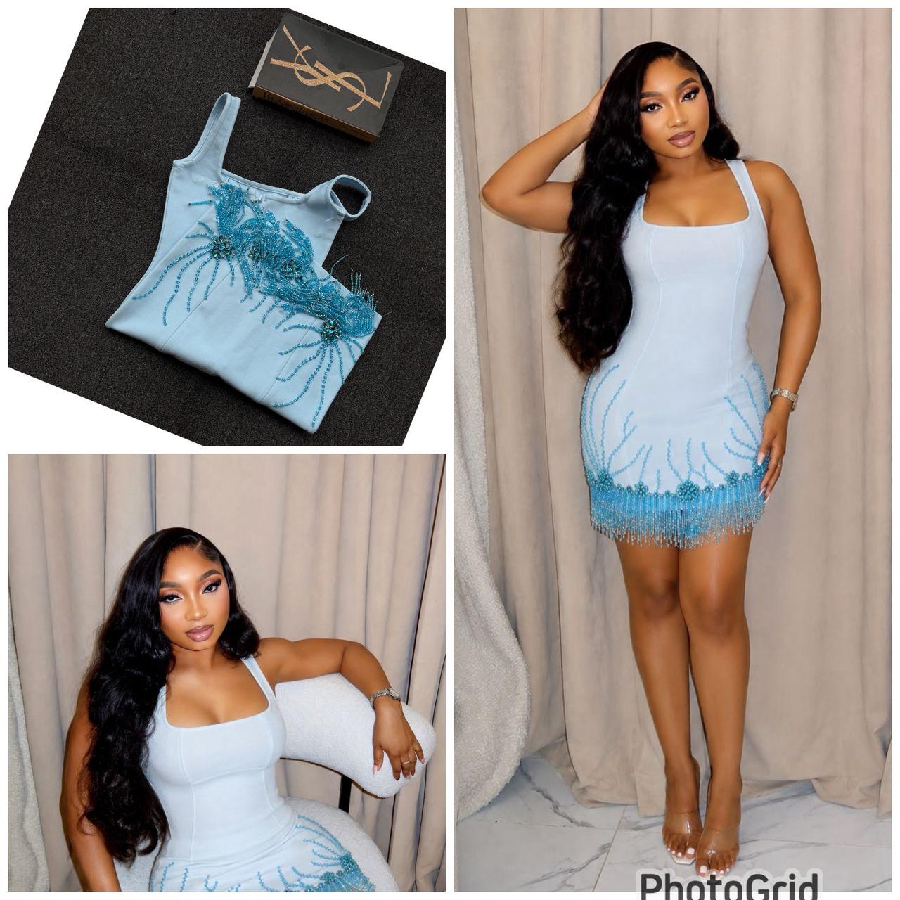 Topnotch Quality Diamond encrusted tassel bandage dress Women’s Light Blue Beaded Fringe Dress – Elegant Party & Evening Wear