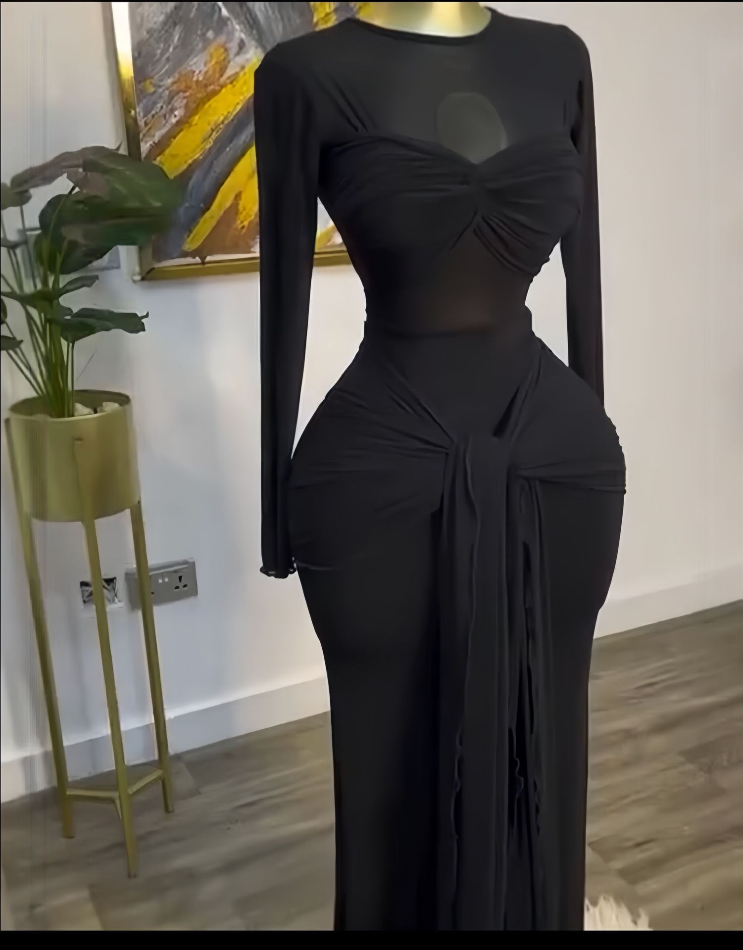 Europe and the United States cross-border women's clothing 2025 early spring new solid color long sleeve round neck chest tight temperament long dress