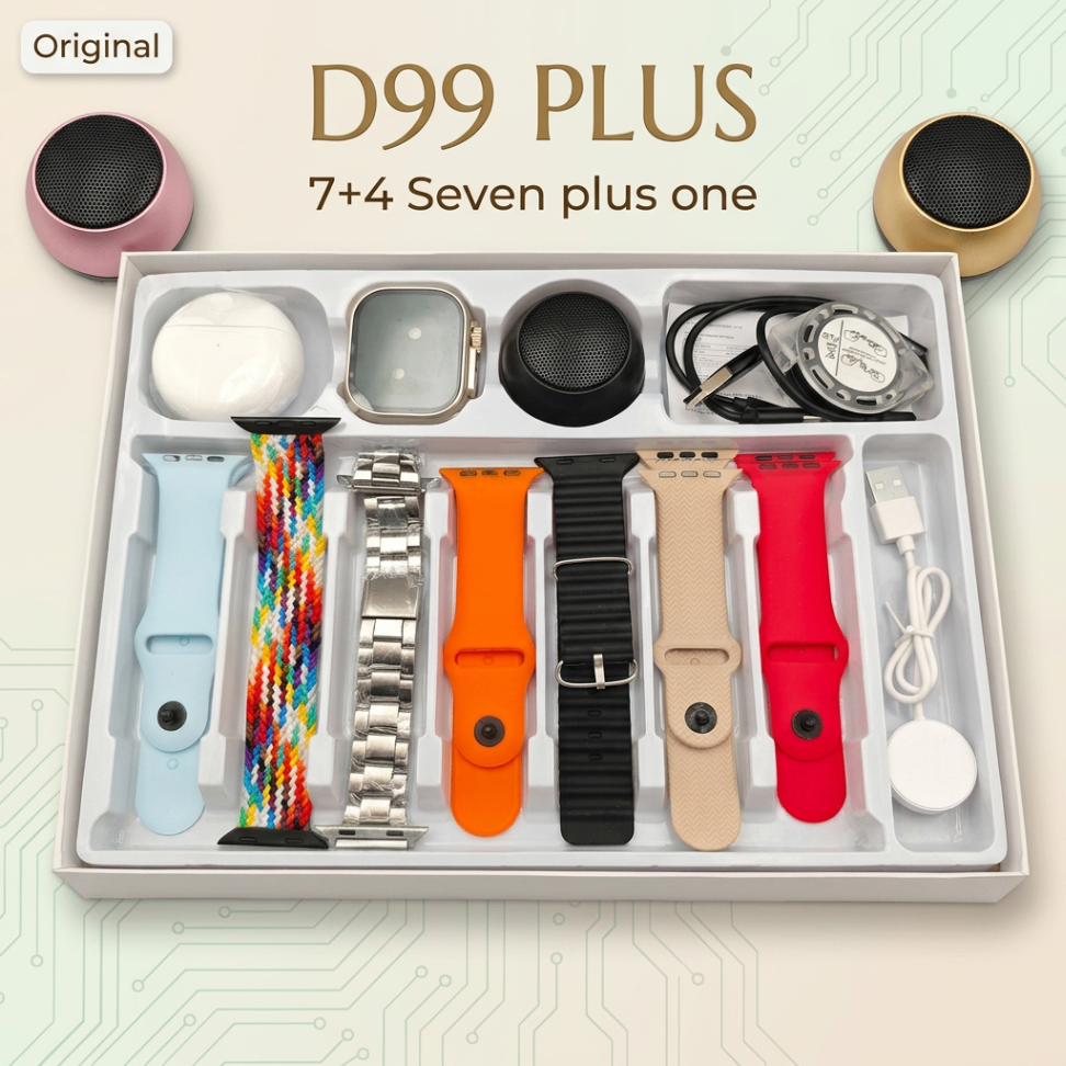 D99plus Smart watch for Men with Bluetooth Earphones, Speaker, and Charging Cable Set