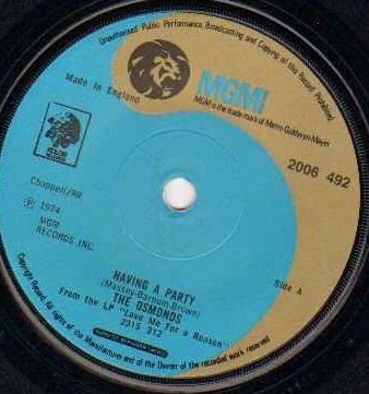 Osmonds - Having A Party - Paper Label Issue - 7 Inch Vinyl / 45