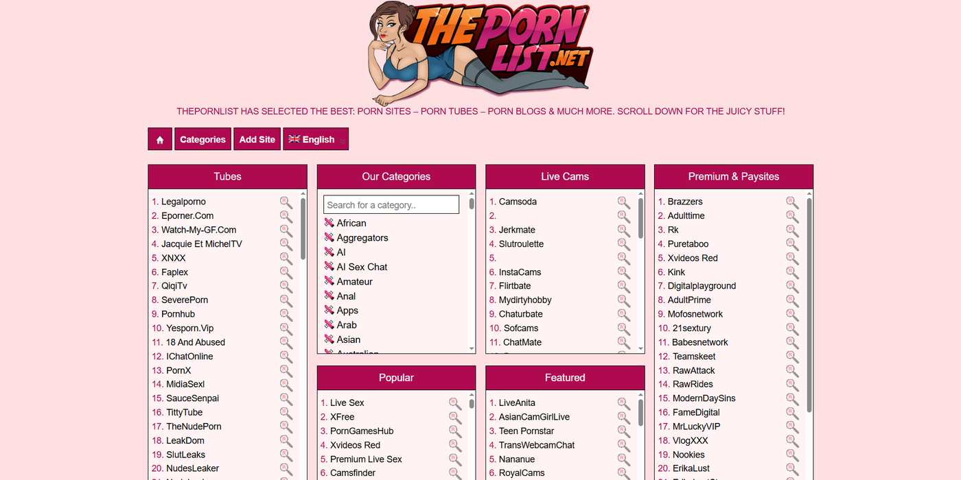 ThePornList.net's front page.