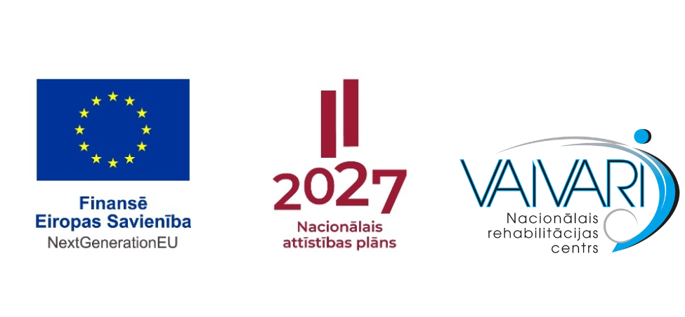Three logos: EU flag with text Funded by the European Union NextGenerationEU, red 2027 National Development Plan logo and blue VAVARI National Rehabilitation Centre logo with stripe design.