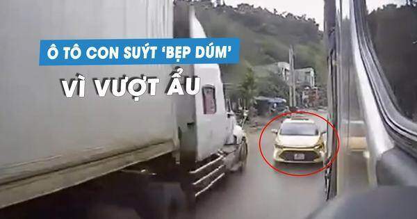 Rùng rợn ô tô con vượt ẩu, suýt bị 2 xe container 'kẹp' trên quốc lộ