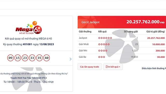 Giải độc đắc Vietlott trị giá hơn 20 tỷ lại ''nổ'' tối ngày 13/8