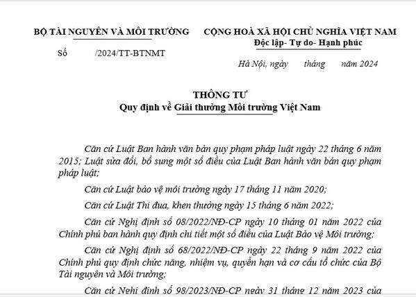 Dự thảo Thông tư quy định về Giải thưởng Môi trường Việt Nam