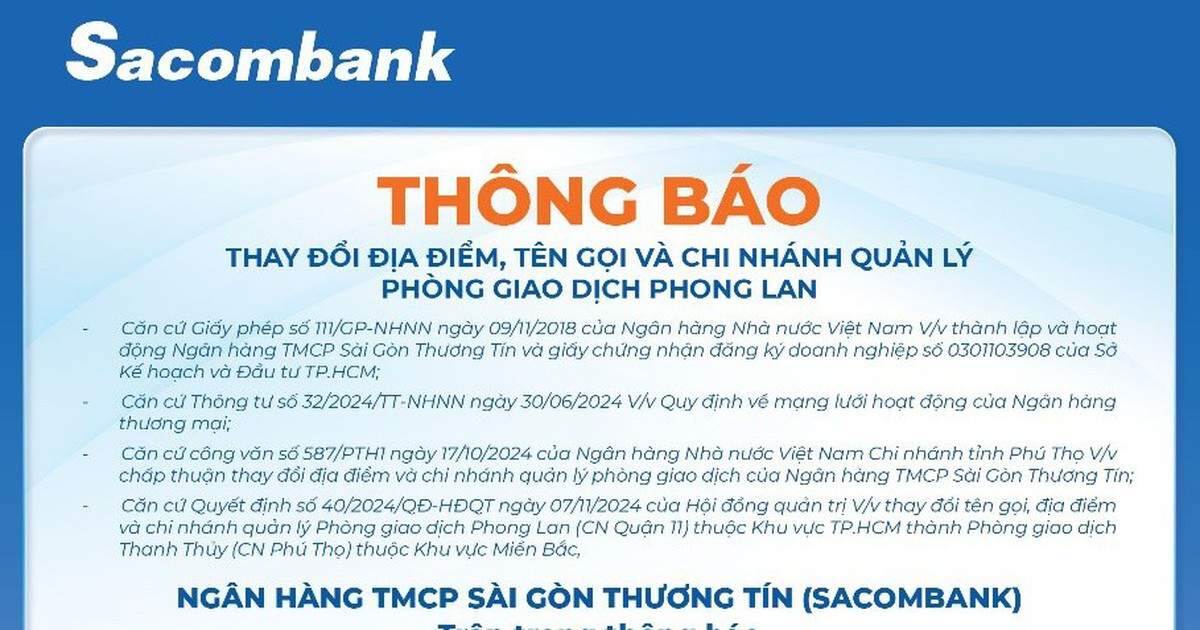 Sacombank thông báo thay đổi địa điểm, tên gọi và Chi nhánh quản lý PGD Phong Lan
