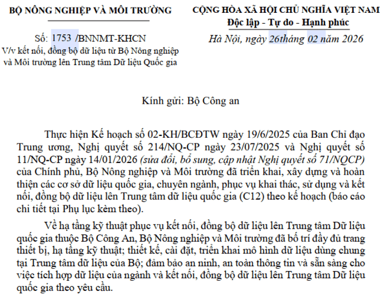 Công văn của Bộ Nông nghiệp và Môi trường.