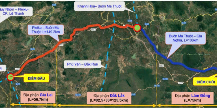 Bản đồ tổng thể hướng tuyến cao tốc Bắc - Nam phía Tây đoạn Pleiku - Buôn Ma Thuột - Gia Nghĩa.
