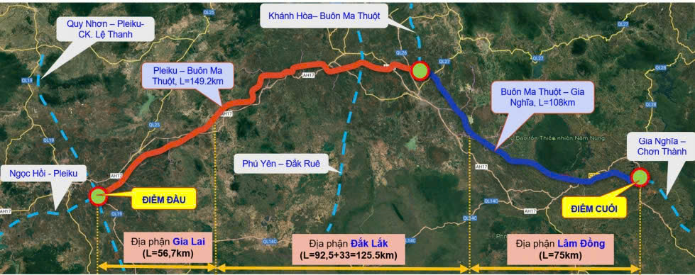 Bản đồ tổng thể hướng tuyến cao tốc Bắc - Nam phía Tây đoạn Pleiku - Buôn Ma Thuột - Gia Nghĩa.