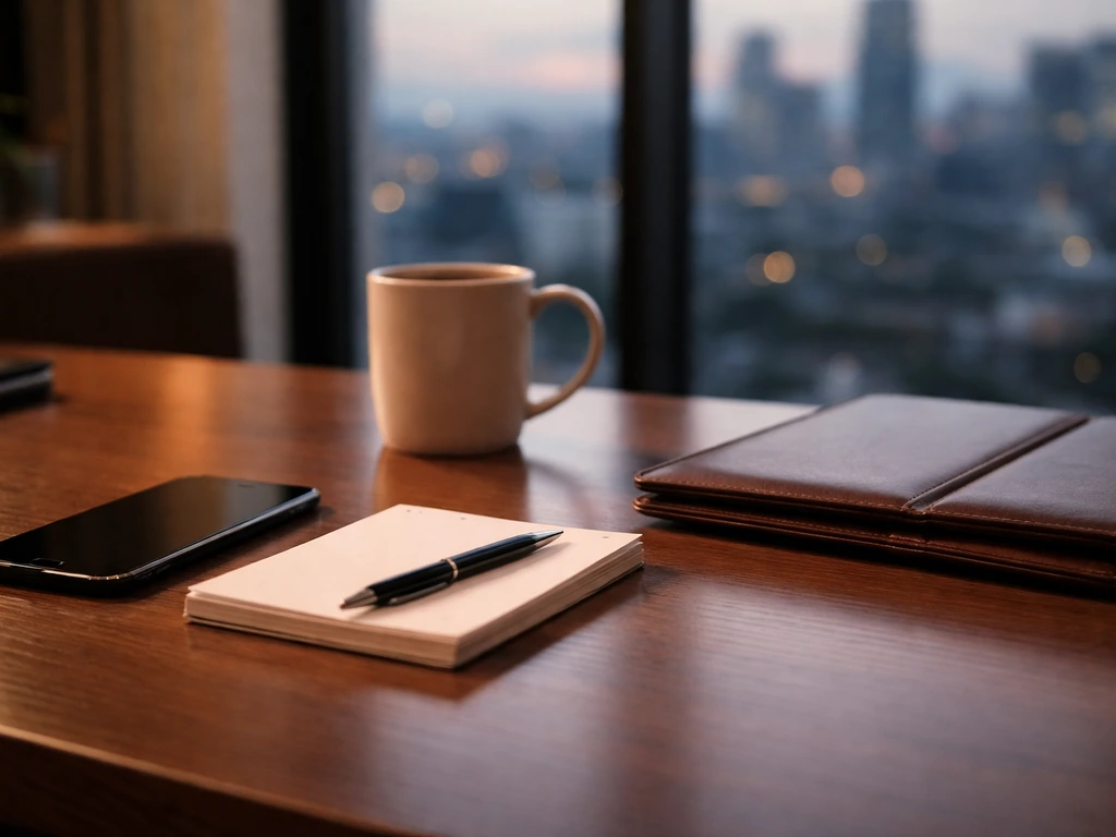 Minimal office desk with blank papers, phone, and city view, symbolizing public-profile net-worth disambiguation.