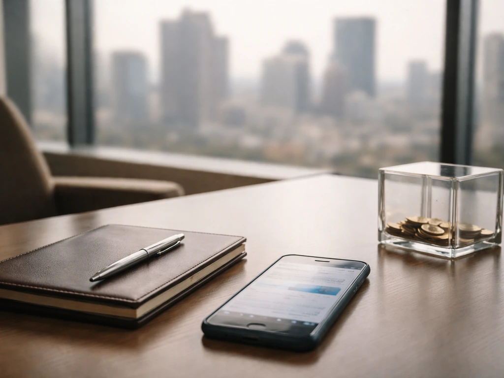 Minimal luxury office desk with coins and a blurred finance phone screen, symbolizing a net-worth estimate.