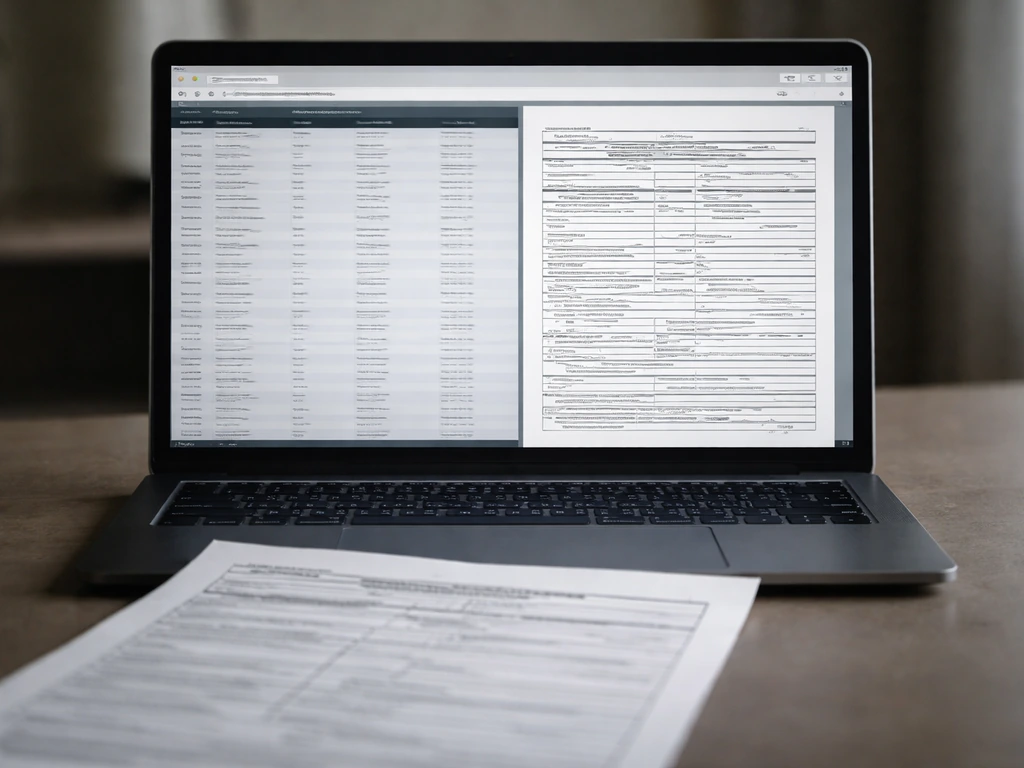 Close-up of an official income and property declaration document with blurred database rows on a laptop screen