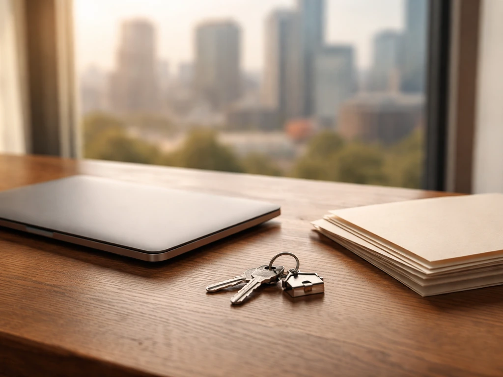Laptop, real-estate keys, and blank folders on a desk with a blurred city skyline—symbolizing non-liquid asset valuation