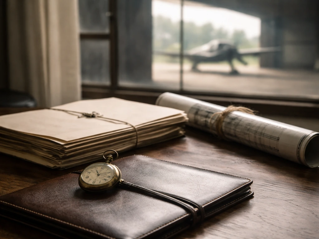 Vintage aviation desk with watch, blank documents, and hangar view—symbolic verifiable wealth research tone.