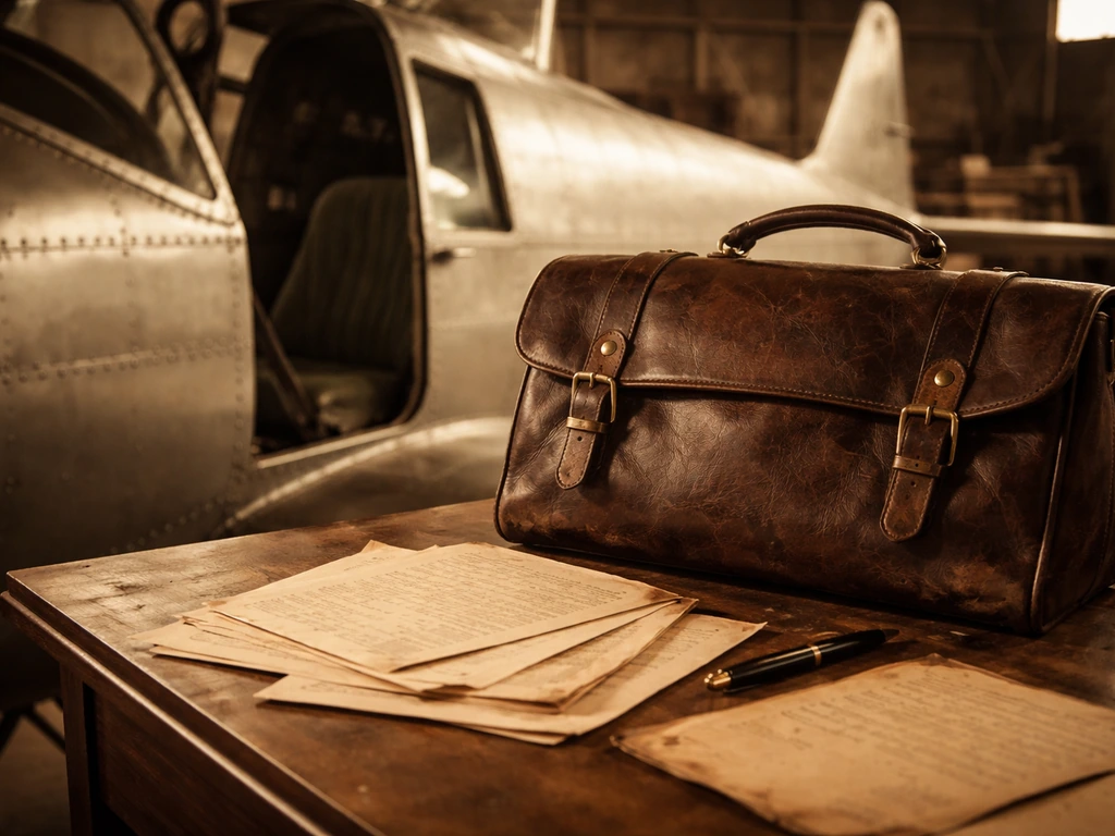 Vintage airplane and a wooden desk with a leather satchel and business papers in sepia archival style.